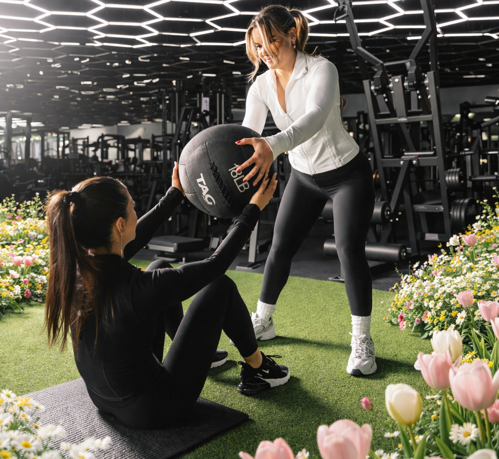 Spring-inspired gym scene with two women exercising—one seated on a mat receiving a medicine ball from a standing partner—surrounded by blooming flowers like tulips and daisies on the ground, with soft natural light creating an elegant and fresh atmosphere.