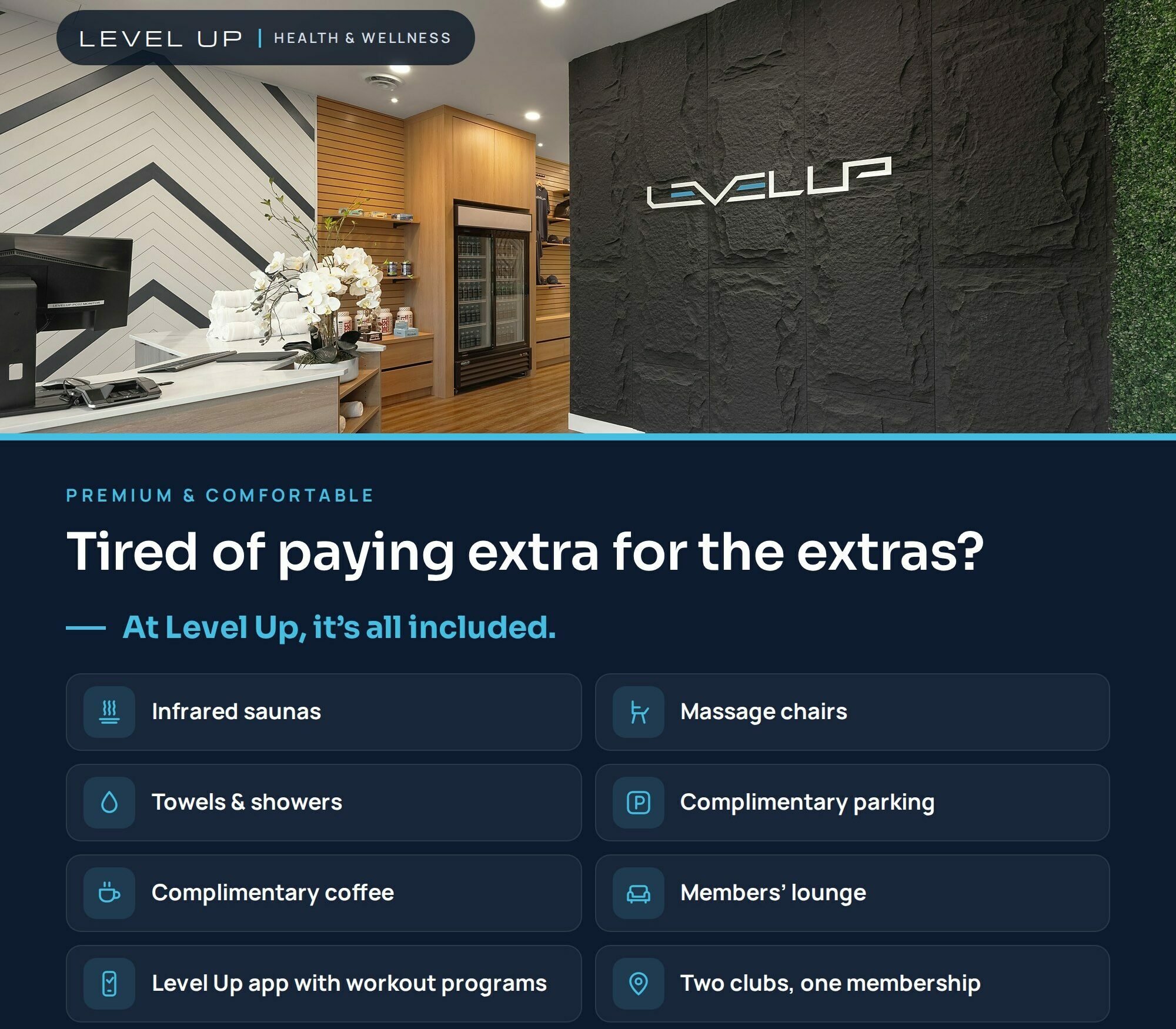 Level Up reception and premium membership amenities: infrared saunas, massage chairs, towels, showers, parking, coffee, members’ lounge, app workout programs, and access to both clubs. Register for the October offer.